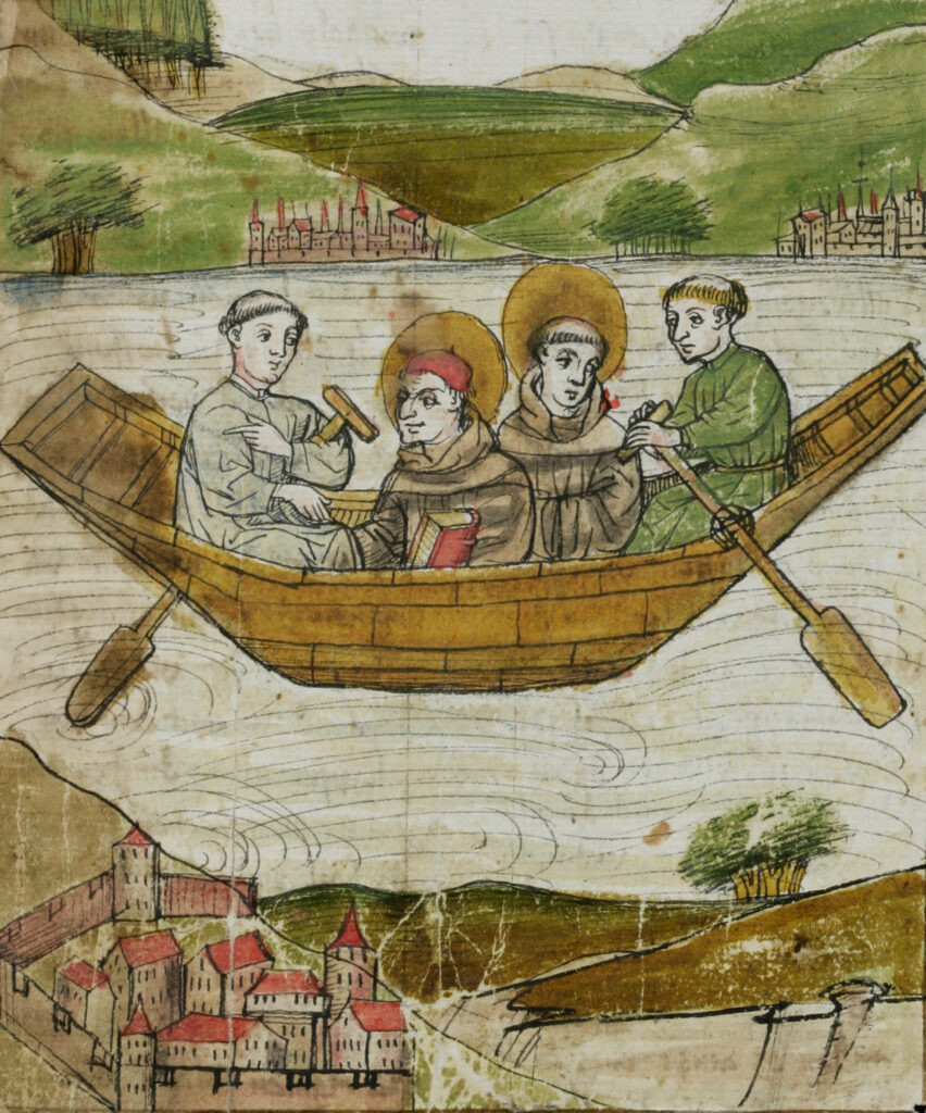 Kolumban und Gallus im Boot von Arbon nach Bregenz,
Handschrift um 1451/1460, Stiftsbibliothek St. Gallen